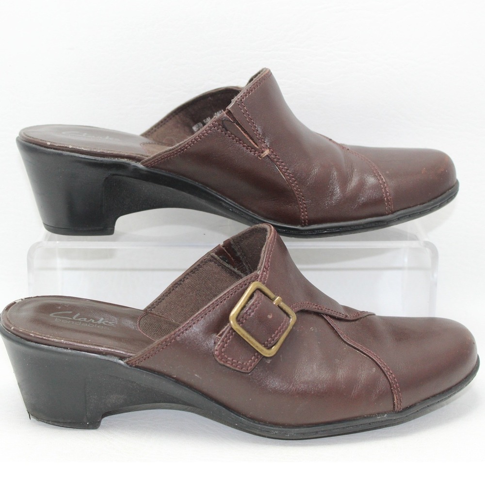 Clarks Bendables Brown Leather Buckle Mules Clogs 80539 Womens 5.5M